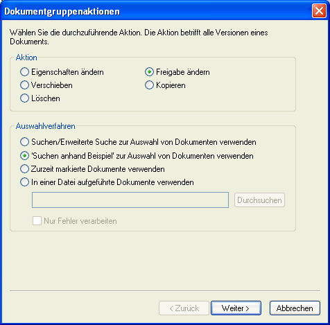 Dialogfeld "Dokumentgruppenaktionen"
