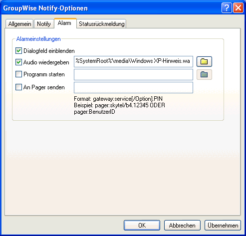 Dialogfeld "Notify-Optionen", Register "Alarmmeldungen"