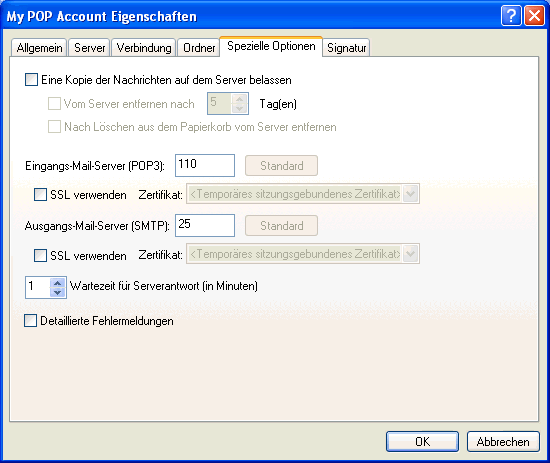 Dialogfeld fr die Eigenschaften von Mail und News, Register "Spezielle Optionen"