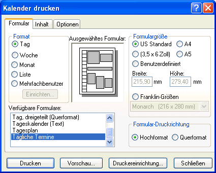 Dialogfeld "Kalender drucken"