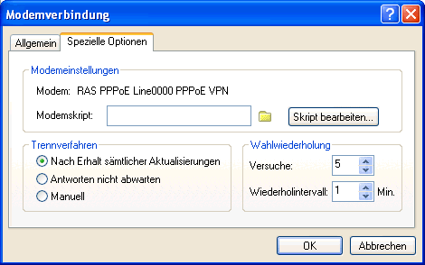 Dialogfeld "Modemverbindung", Register "Spezielle Optionen"