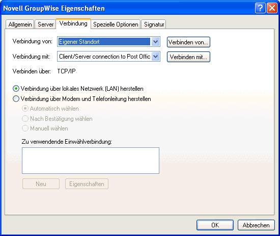 Dialogfeld "GroupWise-Eigenschaften", Register "Verbindung"