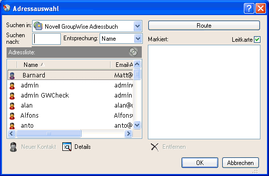 Dialogfeld "Adressauswahl", Liste "Leitkarte"