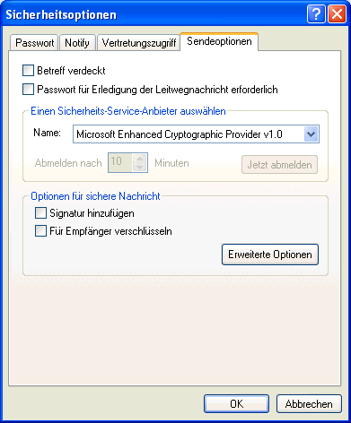 Dialogfeld "Sicherheit", Register "Sendeoptionen"