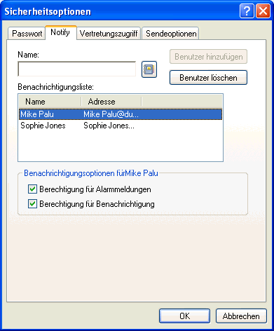 Dialogfeld "Notify-Optionen", Register "Benachrichtigen"