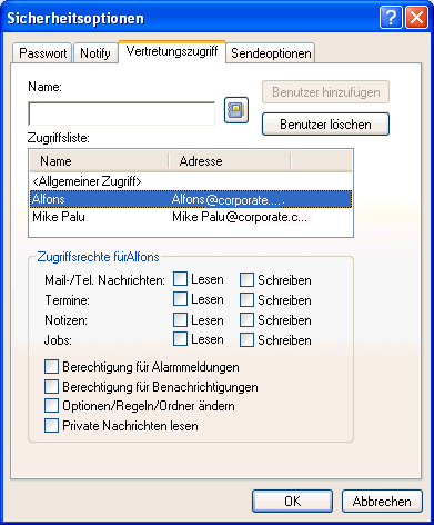 Dialogfeld "Notify-Optionen", Register "Vertretungszugriff"