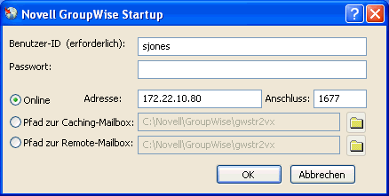 Dialogfeld "Novell GroupWise Startup"