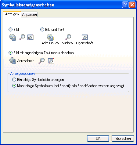 Dialogfeld "Symbolleisteneigenschaften", Register "Anzeigen"