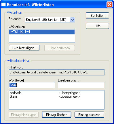 Dialogfeld "Benutzerdefinierte Wrterliste"