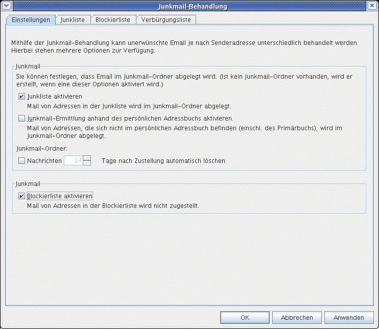Dialogfeld "Junkmail-Behandlung", Register "Einstellungen"