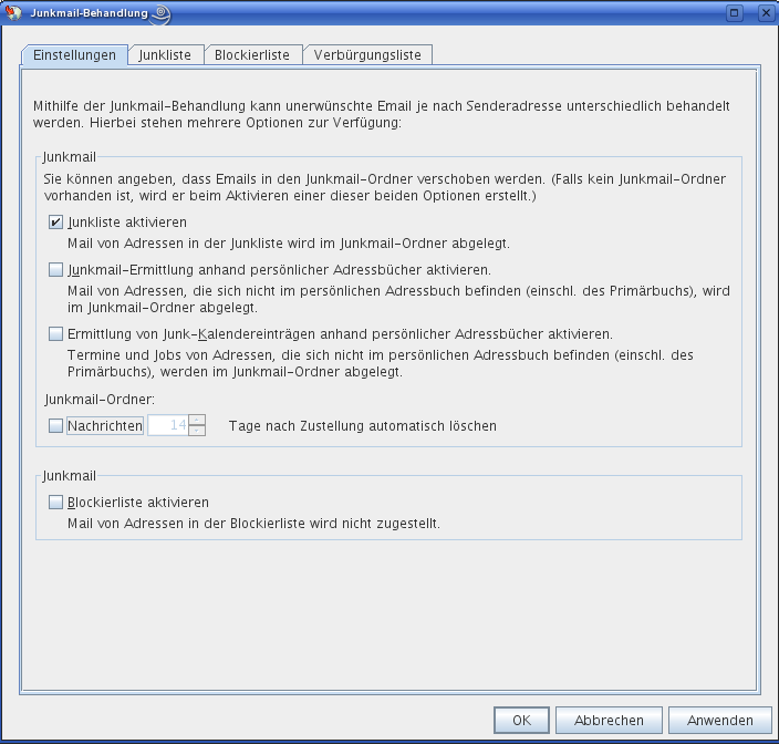 Dialogfeld "Junkmail-Behandlung", Register "Einstellungen"