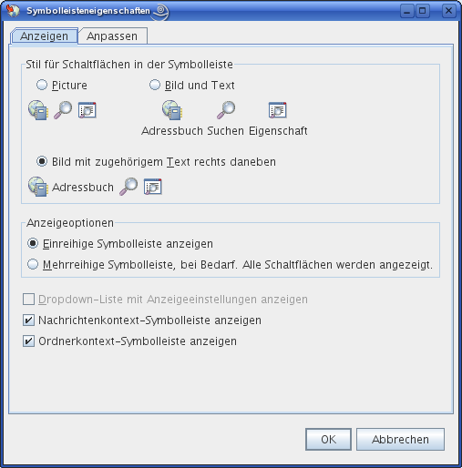 Dialogfeld "Symbolleisteneigenschaften"