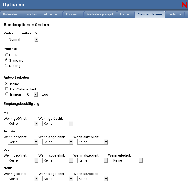 Layout "Optionen - Sendeoptionen"