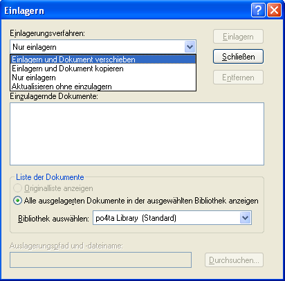 Dialogfeld "Einlagern", Option "Einlagern und Dokument verschieben" in der Dropdown-Liste ausgewählt