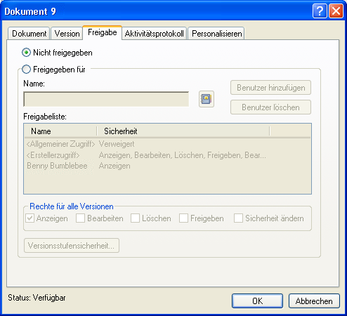 Dialogfeld "Dokumenteigenschaften", Register "Freigabe"