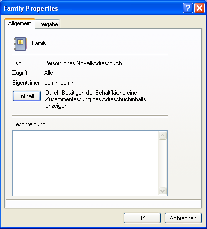 Dialogfeld "Eigenschaften" eines Adressbuchs, Register "Allgemein"