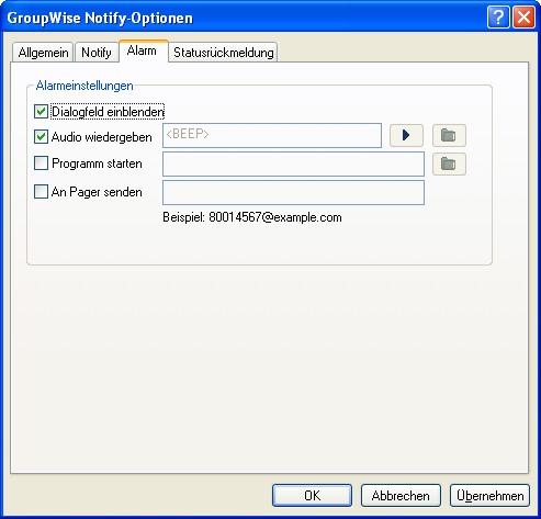 Dialogfeld "Notify-Optionen", Register "Alarmmeldungen"