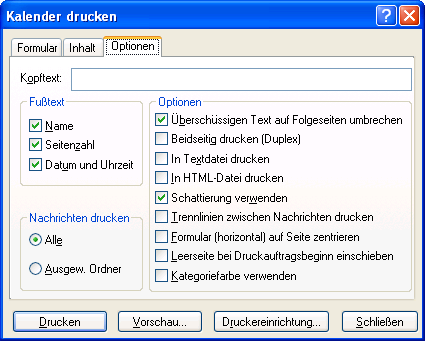 Dialogfeld "Kalender drucken", Register "Optionen"