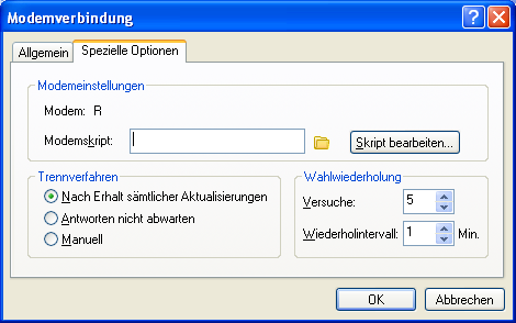 Dialogfeld "Modemverbindung", Register "Spezielle Optionen"