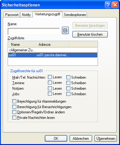 Dialogfeld "Notify-Optionen", Register "Vertretungszugriff"