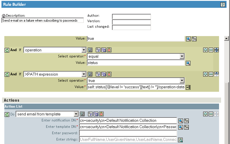 Beschreibung: Aktion vom Typ „Email aus Schablone senden“ mit Passwortfeld für Authentifizierung gegenüber dem SMTP-Server