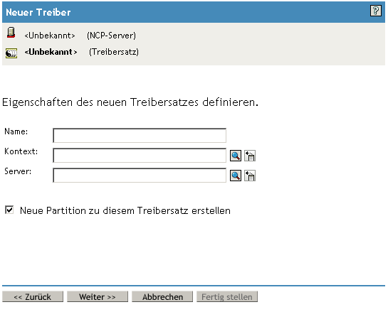 Bildschirm „Eigenschaften des neuen Treibersatzes definieren“ 