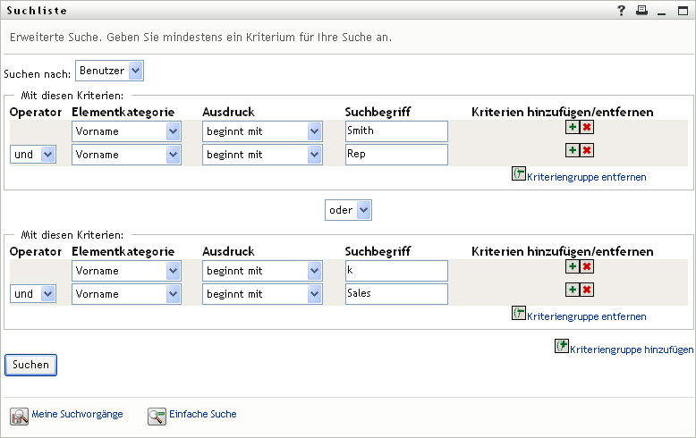 Eine erweiterte Suche auf der Seite „Suchliste“