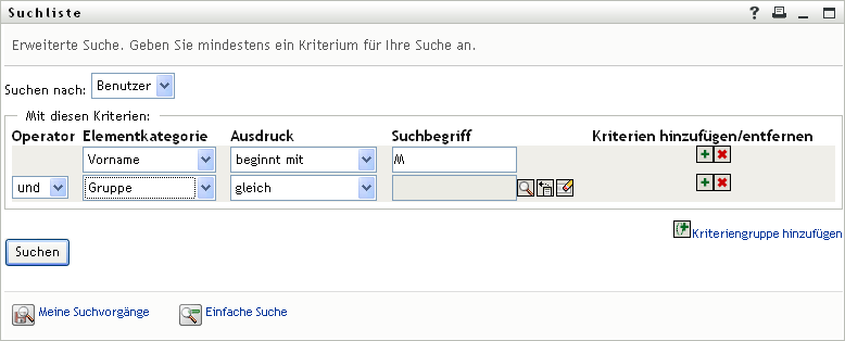 Erweiterte Suchkriterien auf der Seite „Suchliste“ angeben