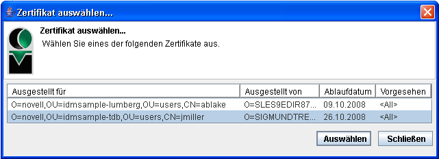 Bildschirm für die Zertifikatsauswahl 