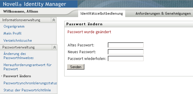 Status der Passwortänderung auf der Seite „Passwortänderung“