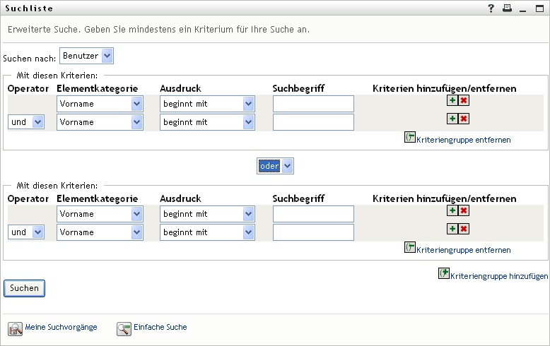 Erweiterte Suche auf der Seite „Suchliste“