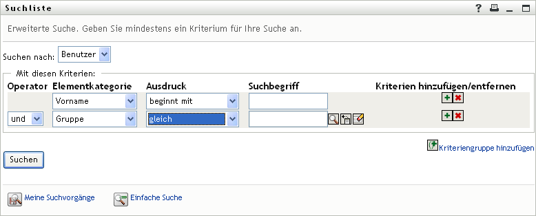 Erweiterte Suchkriterien auf der Seite „Suchliste“ angeben