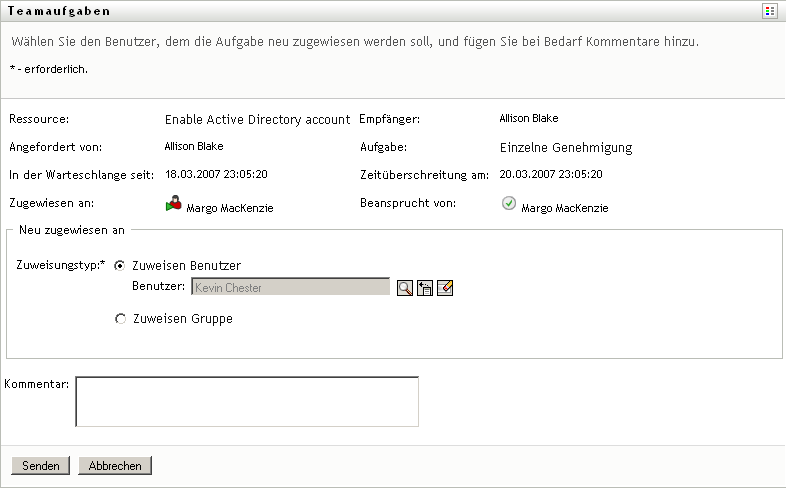 Dropdown-Liste „Neu zugewiesen an“ 