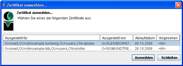 Fenster für die Zertifikatsauswahl 