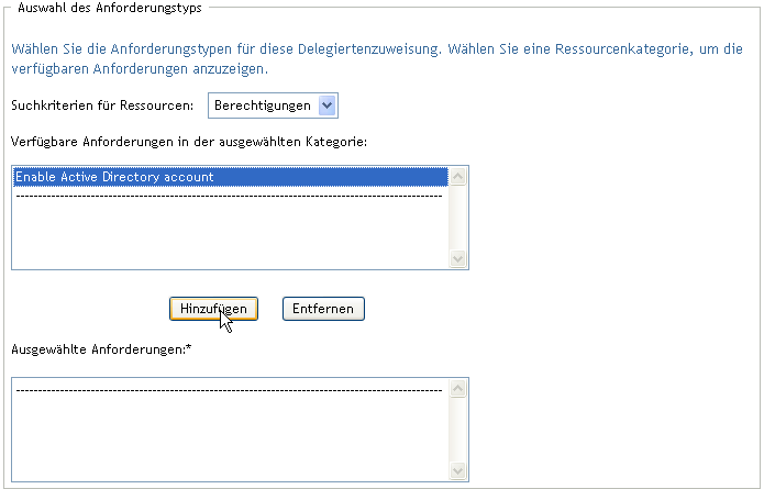 Auswahlliste für den Anforderungstyp 