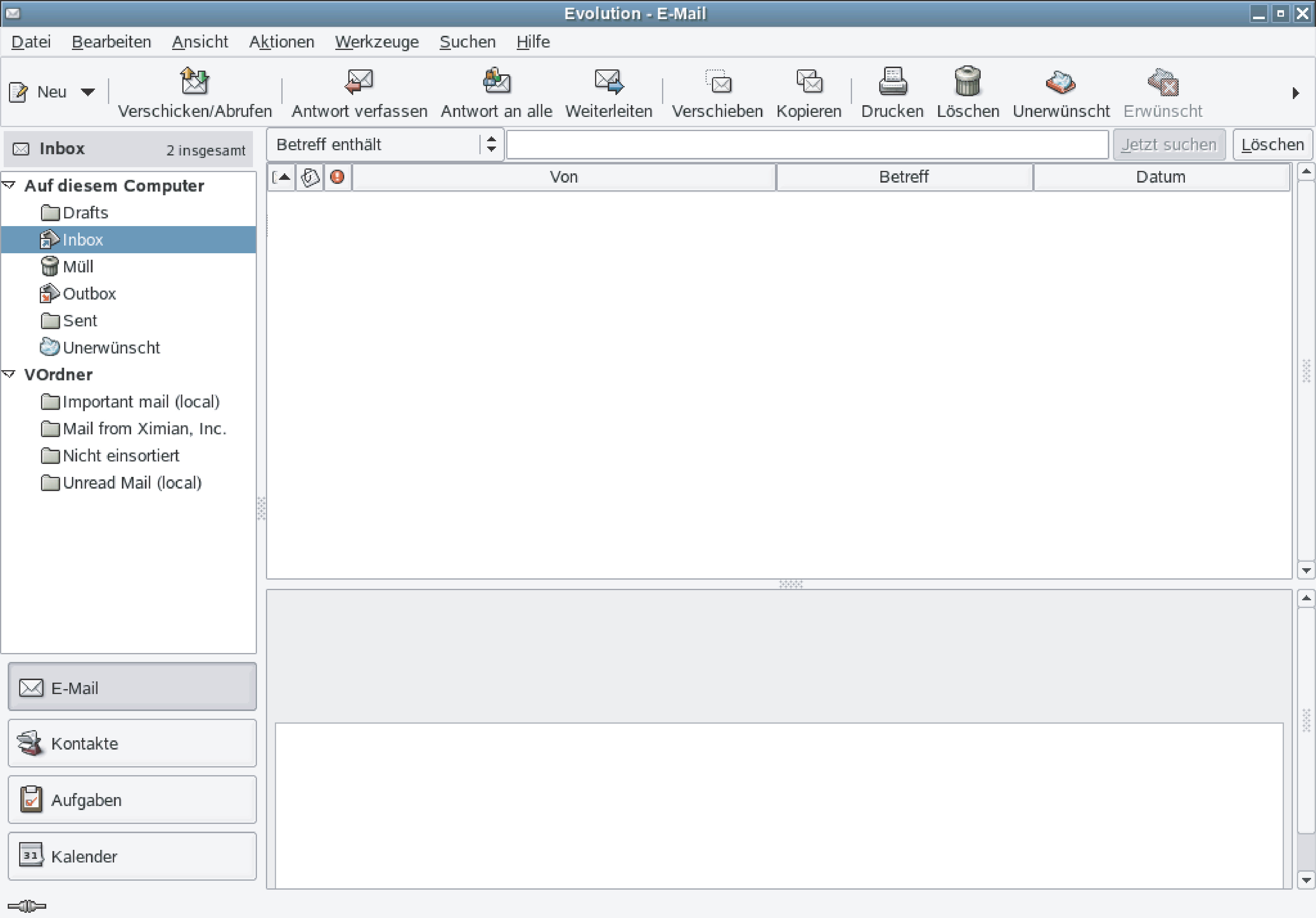 E-Mail-Hauptfenster in Novell Evolution