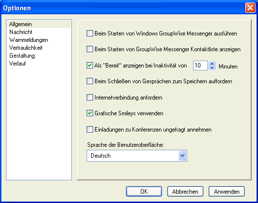 Dialogfeld "Optionen" mit der Seite "Allgemein"