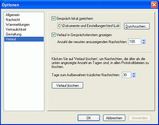 Dialogfeld „Optionen“ mit der Seite „Verlauf“