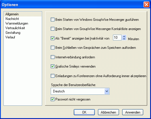 Dialogfeld „Optionen“ mit der Seite „Allgemein“