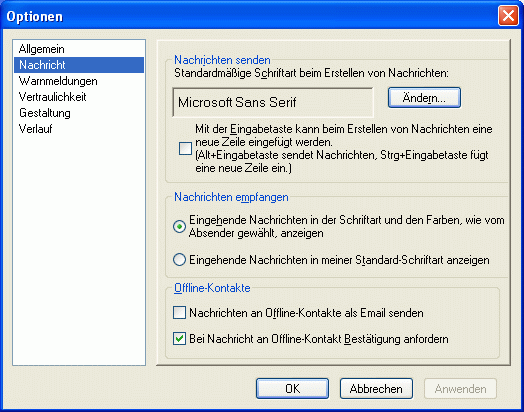 Dialogfeld „Optionen“ mit der Seite „Nachricht“