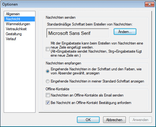 Dialogfeld „Optionen“ mit der Seite „Nachricht“