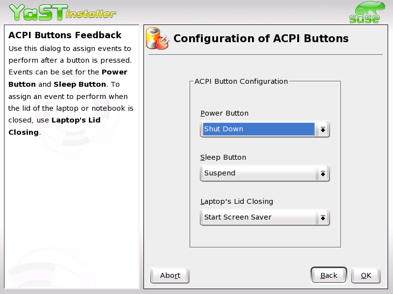 YaST Power Management: ACPI Settings