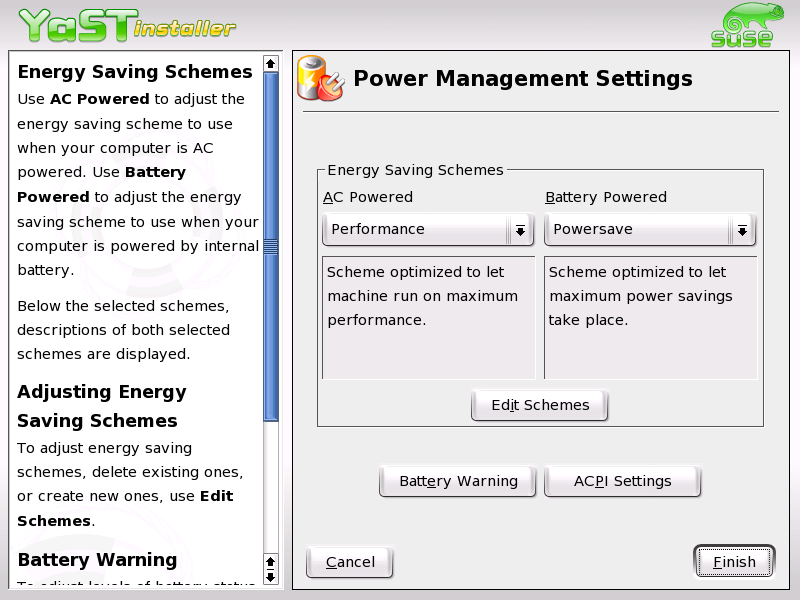 YaST Power Management: Scheme Selection