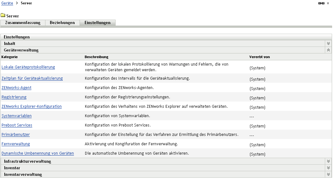 Seite "Einstellungen"