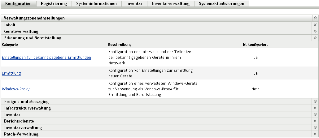 Bereich "Erkennung und Bereitstellung" (Registerkarte "Konfiguration" > Bereich "Verwaltungszoneneinstellungen")