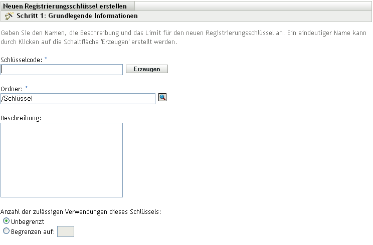 Assistent "Neuen Registrierungsschlüssel erstellen" > Grundlegende Informationen