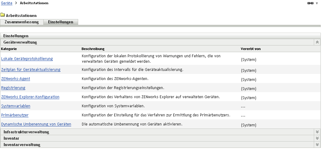 Seite "Einstellungen für Geräteordner"