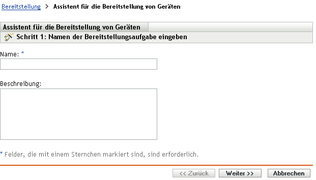Seite "Name der Bereitstellungsaufgabe eingeben"