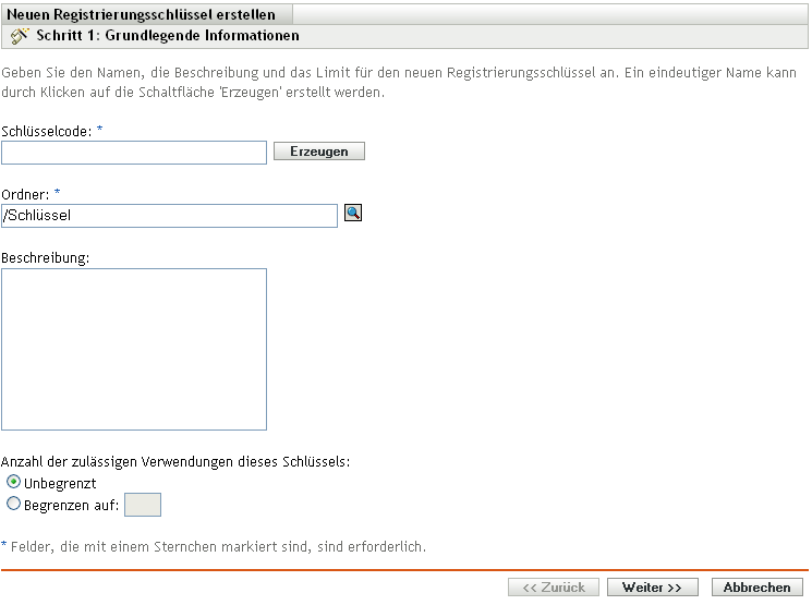 Assistent "Neuen Registrierungsschlüssel erstellen"- Seite "Grundlegende Informationen"