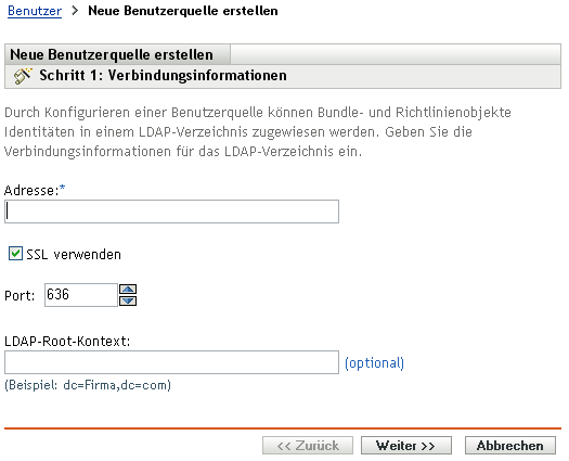 Assistent "Neue Benutzerquelle erstellen" - Seite "Verbindungsinformationen"